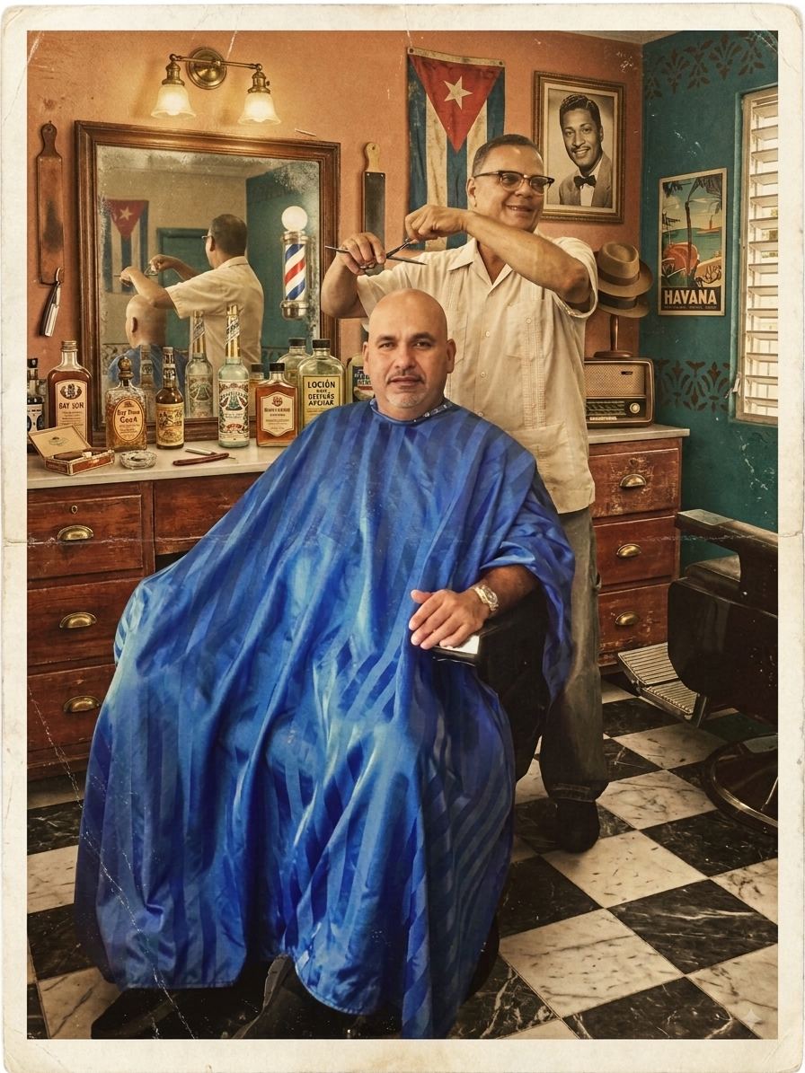 Robert cortando el pelo de un cliente en una barbería, con navaja y peine en mano